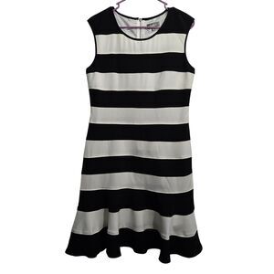 Neiman Marcus Women M Black White Striped Sleeveless Midi Dress